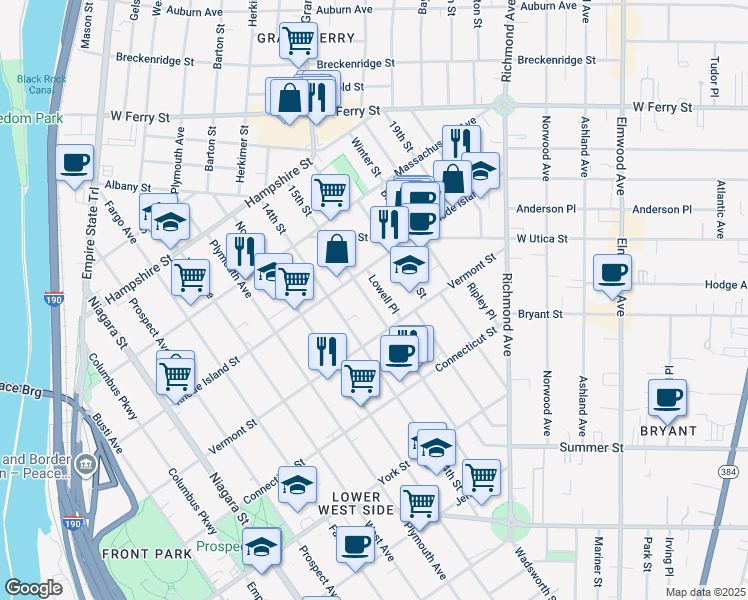 map of restaurants, bars, coffee shops, grocery stores, and more near 172 15th Street in Buffalo
