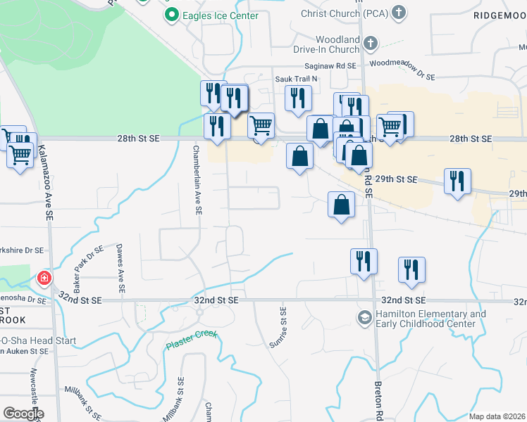 map of restaurants, bars, coffee shops, grocery stores, and more near 2140 Shangrai La Drive Southeast in Grand Rapids