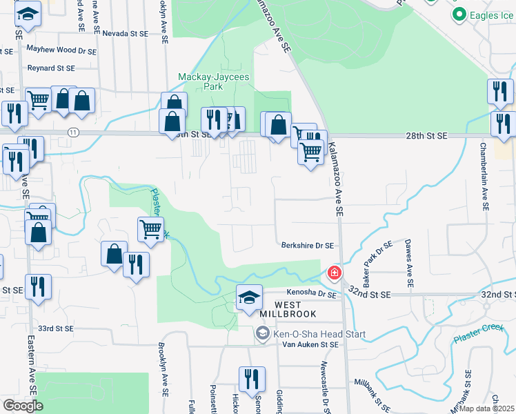 map of restaurants, bars, coffee shops, grocery stores, and more near 2965 Giddings Avenue Southeast in Grand Rapids