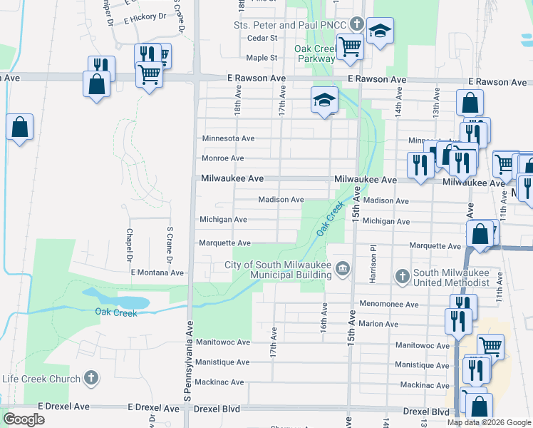 map of restaurants, bars, coffee shops, grocery stores, and more near 1717 Michigan Avenue in South Milwaukee