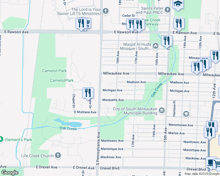 map of restaurants, bars, coffee shops, grocery stores, and more near 1823 Michigan Avenue in South Milwaukee