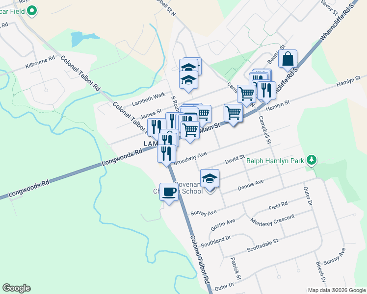 map of restaurants, bars, coffee shops, grocery stores, and more near 2500 Main Street in London
