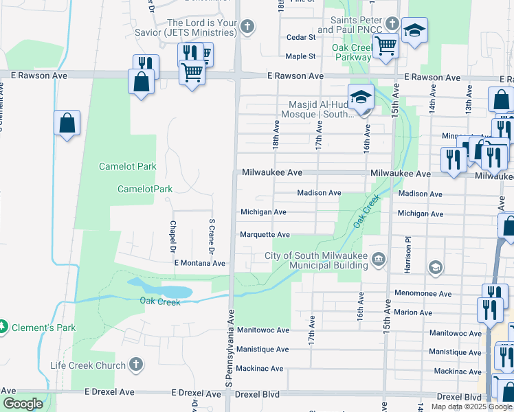 map of restaurants, bars, coffee shops, grocery stores, and more near 1823 Michigan Avenue in South Milwaukee