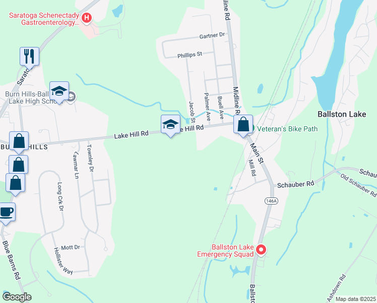map of restaurants, bars, coffee shops, grocery stores, and more near 25 Lake Hill Road in Ballston Lake