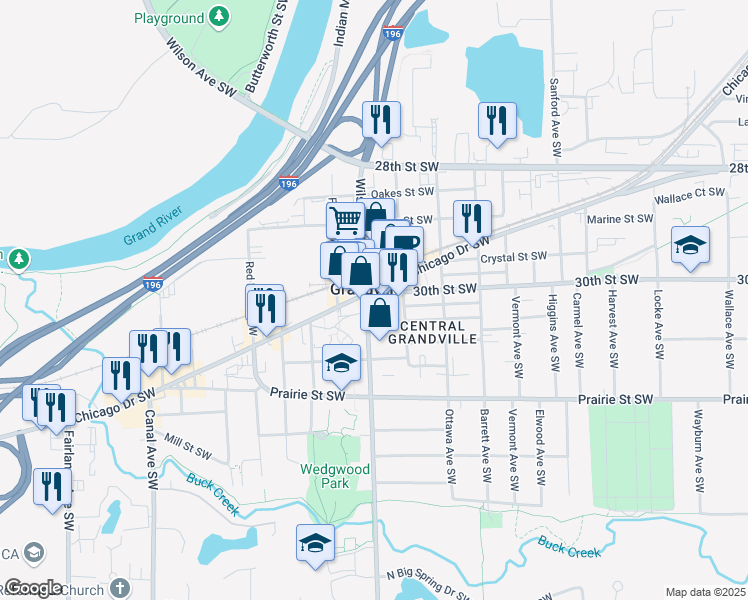map of restaurants, bars, coffee shops, grocery stores, and more near in Grandville