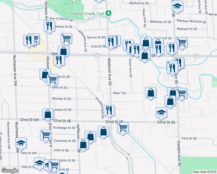 map of restaurants, bars, coffee shops, grocery stores, and more near 3001 Madison Avenue Southeast in Grand Rapids