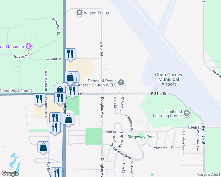 map of restaurants, bars, coffee shops, grocery stores, and more near 158-198 East 31st Street in Yankton