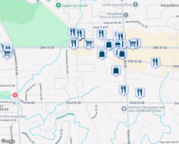 map of restaurants, bars, coffee shops, grocery stores, and more near 2140 Shangrai La Drive Southeast in Grand Rapids