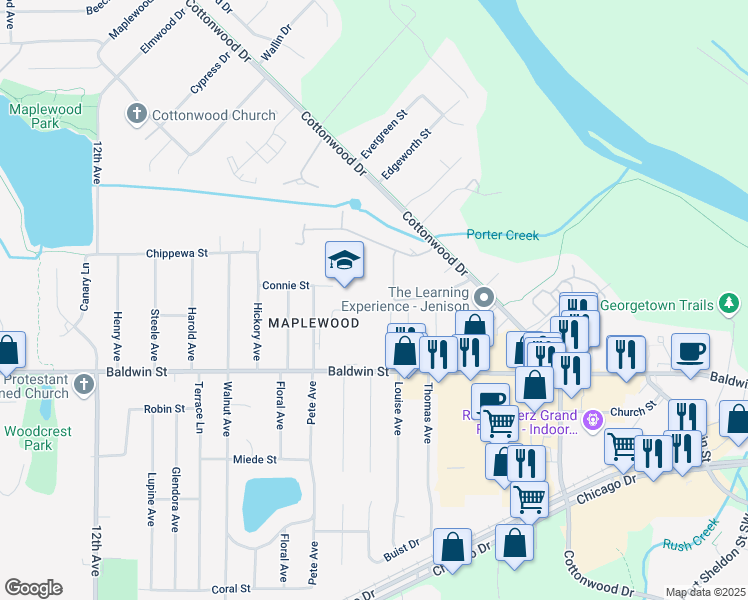 map of restaurants, bars, coffee shops, grocery stores, and more near 7709 Coachman Lane in Georgetown Township