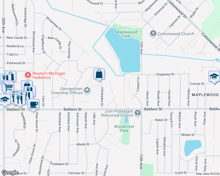 map of restaurants, bars, coffee shops, grocery stores, and more near 7725 Baldwin Woods Drive in Georgetown Township
