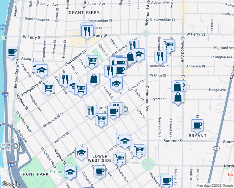 map of restaurants, bars, coffee shops, grocery stores, and more near 21 Lowell Place in Buffalo