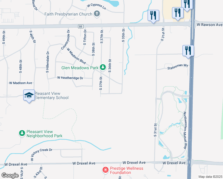 map of restaurants, bars, coffee shops, grocery stores, and more near 7464 South 36th Street in Franklin