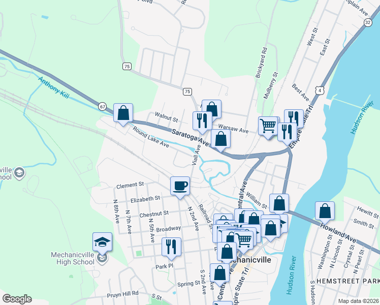 map of restaurants, bars, coffee shops, grocery stores, and more near 45 Viall Avenue in Mechanicville