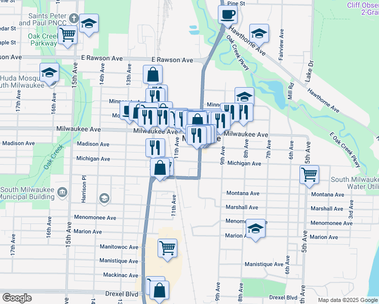 map of restaurants, bars, coffee shops, grocery stores, and more near 2210 10th Avenue in South Milwaukee
