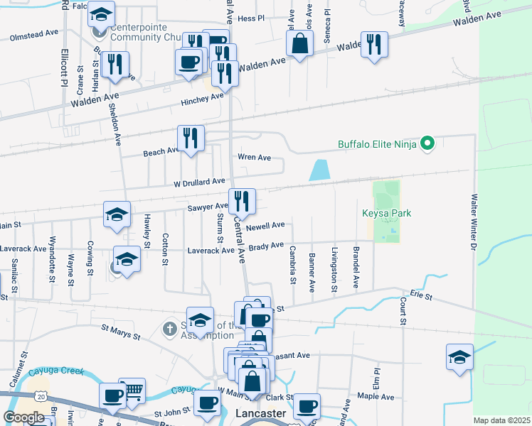 map of restaurants, bars, coffee shops, grocery stores, and more near 16 Newell Avenue in Lancaster
