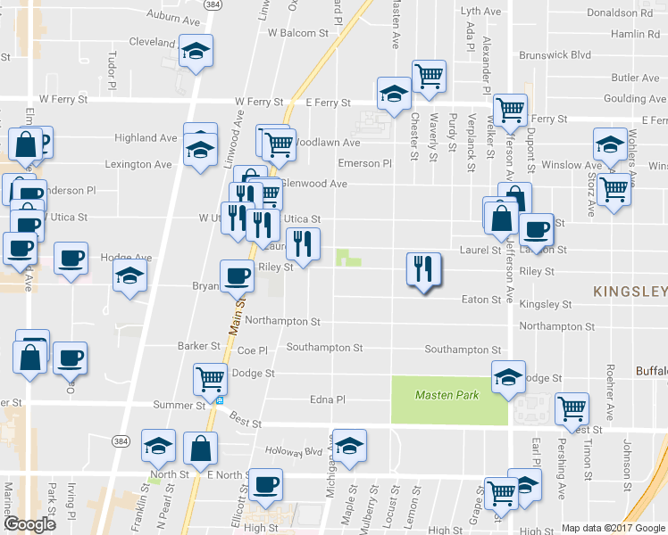 map of restaurants, bars, coffee shops, grocery stores, and more near Michigan Avenue in Buffalo