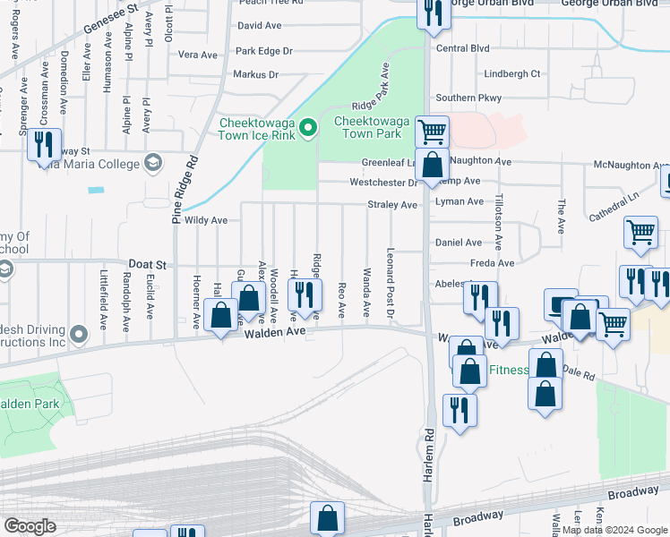 map of restaurants, bars, coffee shops, grocery stores, and more near 53 Ridge Park Avenue in Buffalo