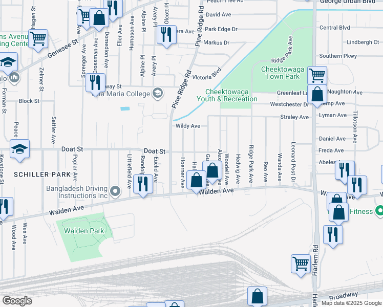 map of restaurants, bars, coffee shops, grocery stores, and more near 61 Hoerner Avenue in Buffalo