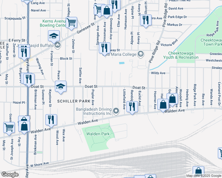 map of restaurants, bars, coffee shops, grocery stores, and more near 85 Stewart Avenue in Buffalo