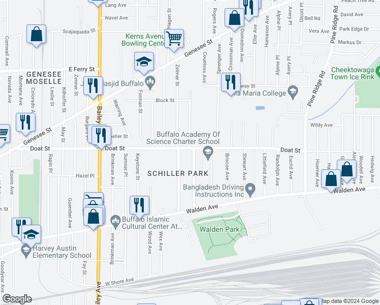 map of restaurants, bars, coffee shops, grocery stores, and more near 111 Academy Road in Buffalo