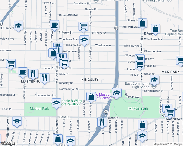 map of restaurants, bars, coffee shops, grocery stores, and more near 503 Riley Street in Buffalo