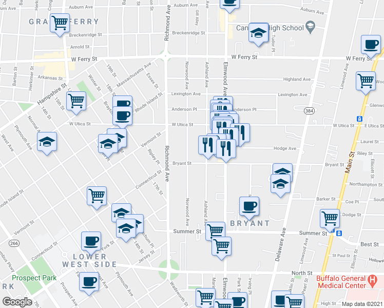 map of restaurants, bars, coffee shops, grocery stores, and more near 154 Norwood Avenue in Buffalo