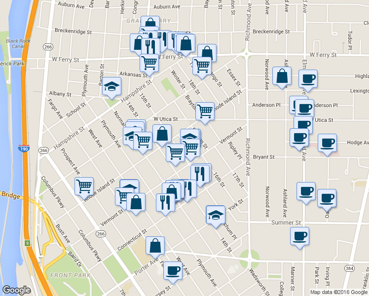 map of restaurants, bars, coffee shops, grocery stores, and more near 172 15th Street in Buffalo