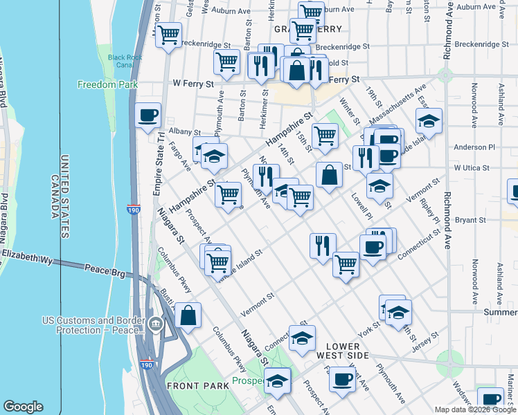 map of restaurants, bars, coffee shops, grocery stores, and more near 655 West Avenue in Buffalo