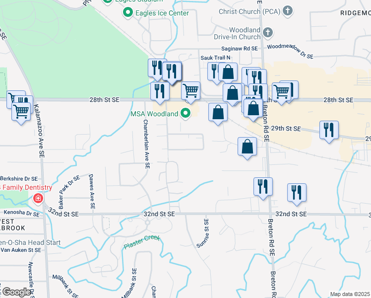 map of restaurants, bars, coffee shops, grocery stores, and more near 2100 Shangrai La Drive Southeast in Grand Rapids
