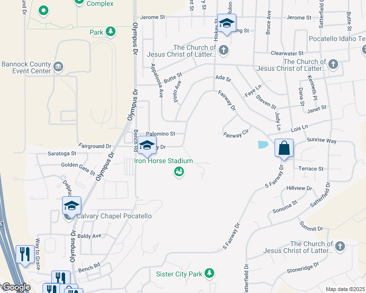 map of restaurants, bars, coffee shops, grocery stores, and more near 109 Von Elm Lane in Pocatello