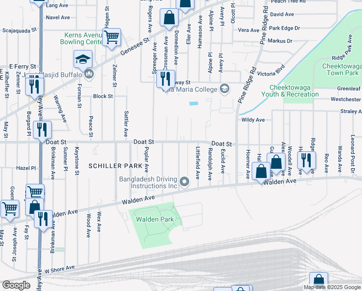 map of restaurants, bars, coffee shops, grocery stores, and more near 525 Doat Street in Buffalo