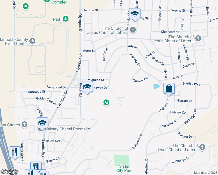 map of restaurants, bars, coffee shops, grocery stores, and more near 109 Von Elm Lane in Pocatello