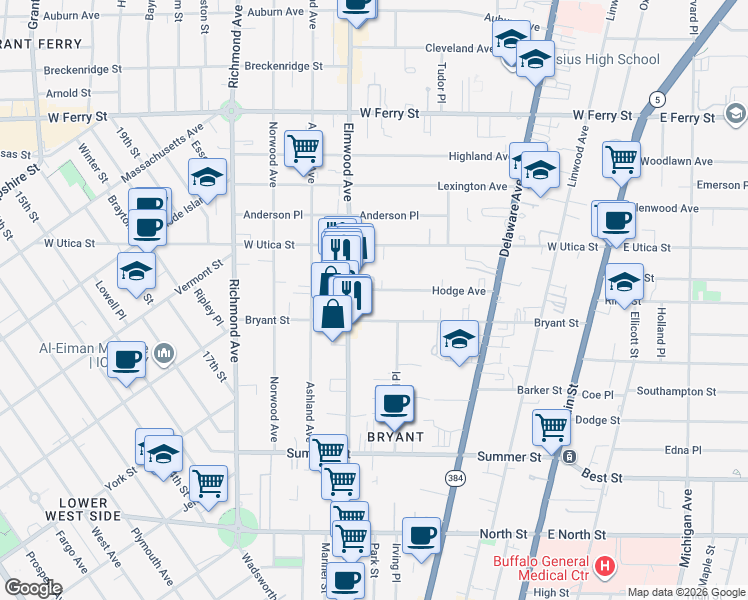 map of restaurants, bars, coffee shops, grocery stores, and more near 242 Bryant Street in Buffalo