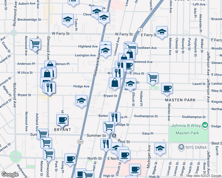 map of restaurants, bars, coffee shops, grocery stores, and more near 249 Linwood Avenue in Buffalo