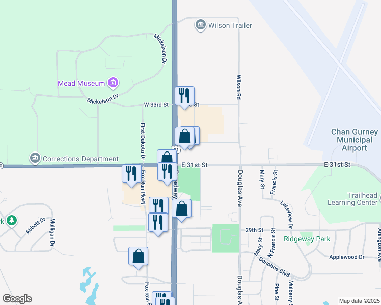 map of restaurants, bars, coffee shops, grocery stores, and more near 3100 Broadway Avenue in Yankton