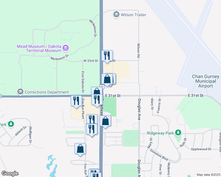 map of restaurants, bars, coffee shops, grocery stores, and more near 3100 Broadway Avenue in Yankton