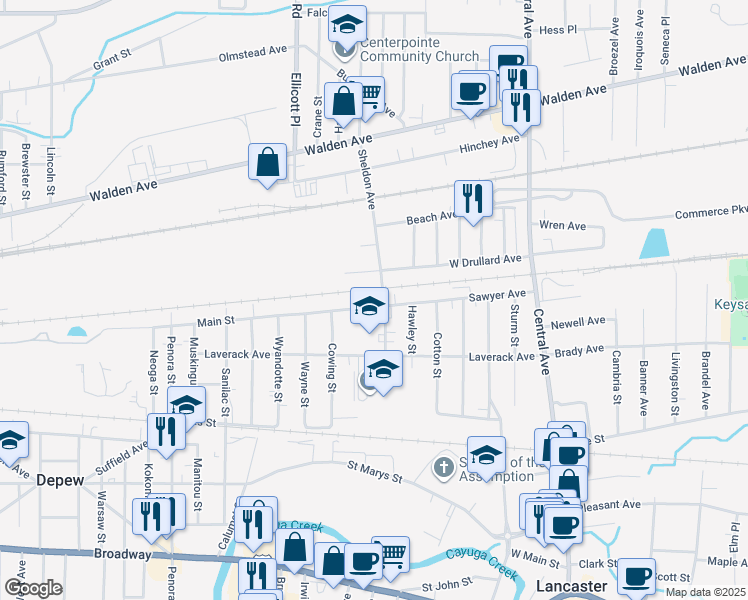 map of restaurants, bars, coffee shops, grocery stores, and more near 110 Sawyer Avenue in Depew