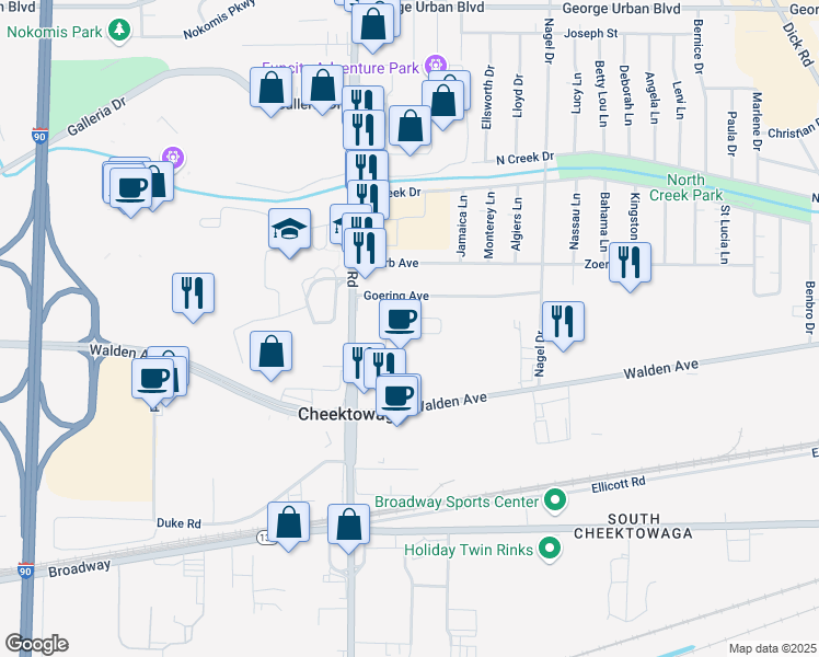 map of restaurants, bars, coffee shops, grocery stores, and more near 2300 Walden Avenue in Cheektowaga