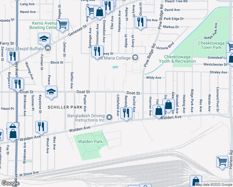 map of restaurants, bars, coffee shops, grocery stores, and more near 77 Littlefield Avenue in Buffalo