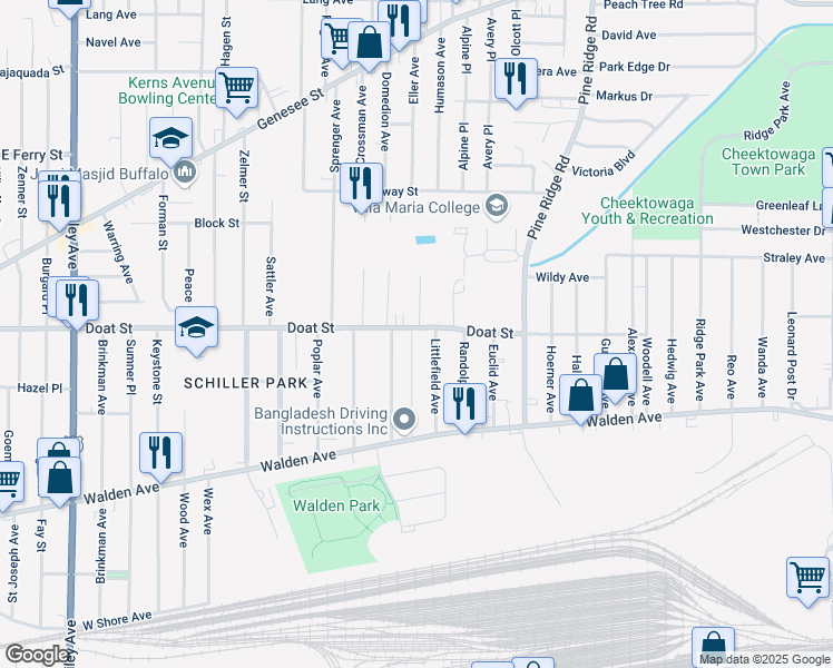 map of restaurants, bars, coffee shops, grocery stores, and more near 85 Stewart Avenue in Buffalo