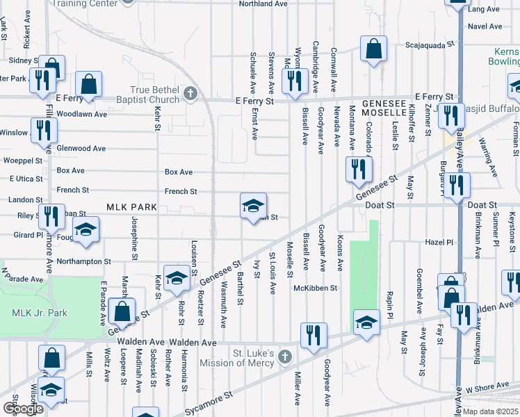 map of restaurants, bars, coffee shops, grocery stores, and more near 165 Barthel Street in Buffalo