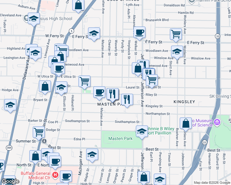 map of restaurants, bars, coffee shops, grocery stores, and more near in Buffalo