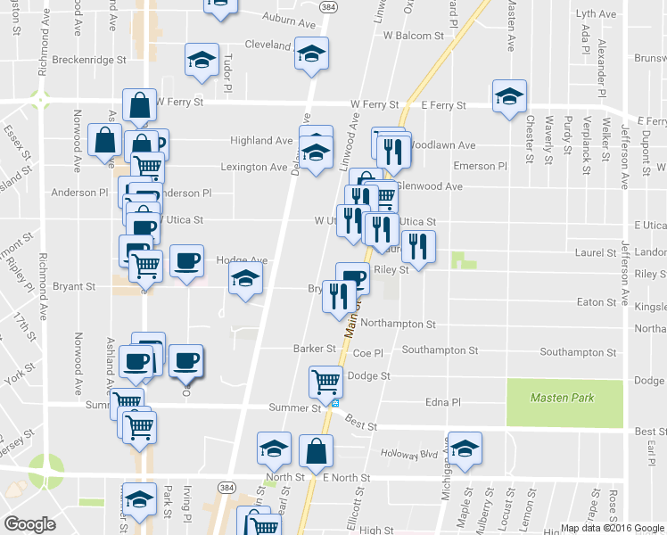map of restaurants, bars, coffee shops, grocery stores, and more near in Buffalo