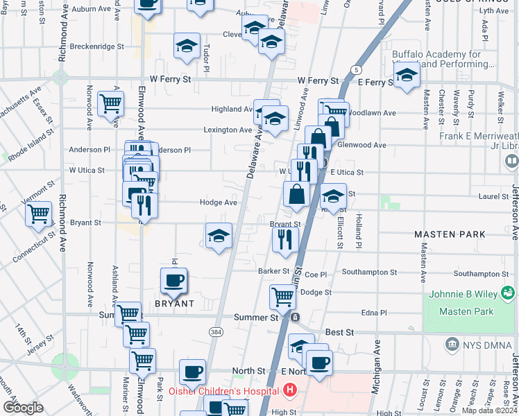 map of restaurants, bars, coffee shops, grocery stores, and more near 81 Bryant Street in Buffalo