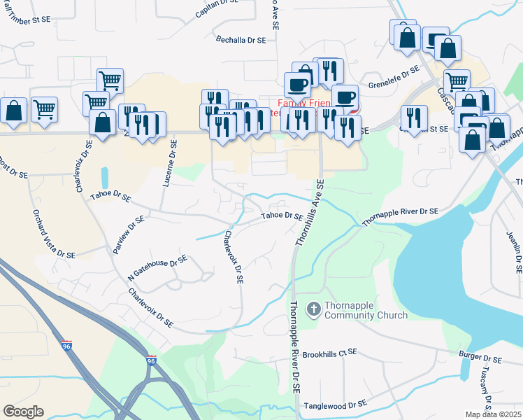 map of restaurants, bars, coffee shops, grocery stores, and more near 6330 Tahoe Lane Southeast in Grand Rapids