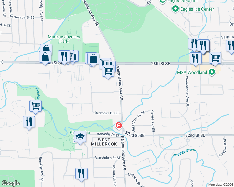 map of restaurants, bars, coffee shops, grocery stores, and more near 2968 Kalamazoo Avenue Southeast in Grand Rapids
