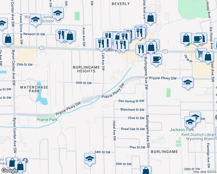 map of restaurants, bars, coffee shops, grocery stores, and more near 3038 Taft Avenue Southwest in Wyoming
