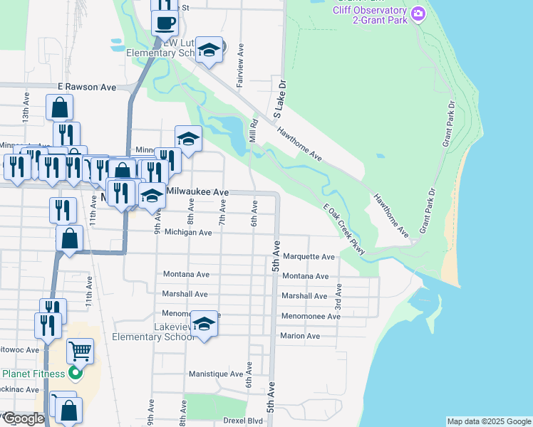 map of restaurants, bars, coffee shops, grocery stores, and more near 500 Michigan Avenue in South Milwaukee
