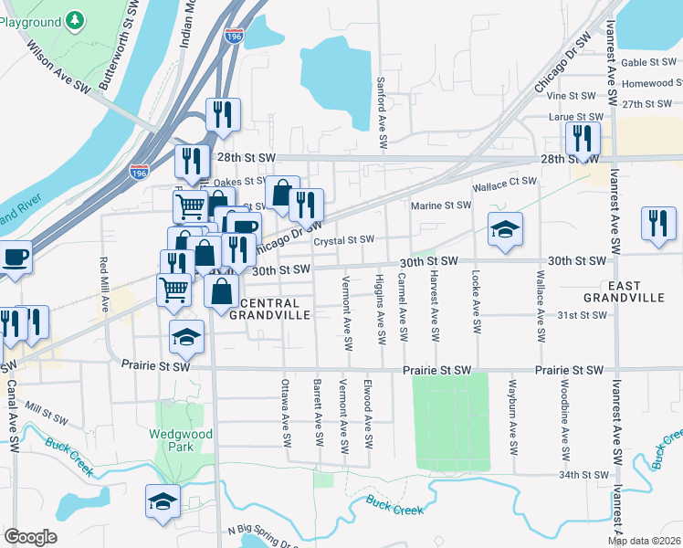map of restaurants, bars, coffee shops, grocery stores, and more near 3054 Vermont Avenue Southwest in Grandville