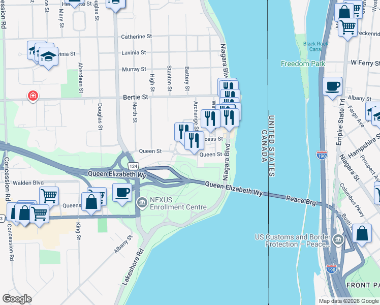 map of restaurants, bars, coffee shops, grocery stores, and more near 53 Queen Street in Fort Erie